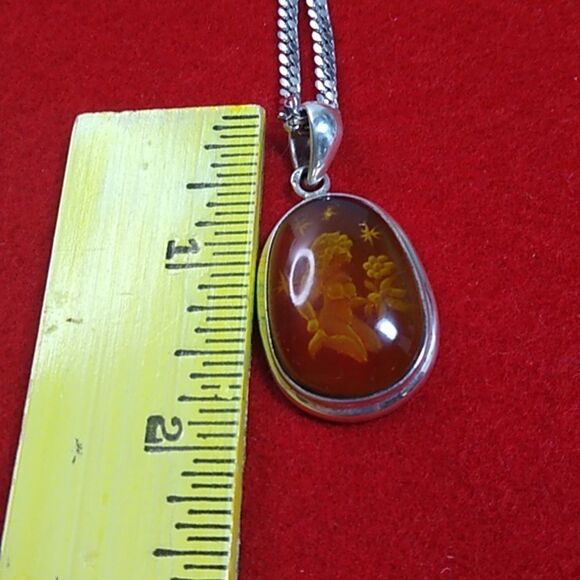 Vintage Carved Amber Sterling Silver Pendant and Chain Cottagecore - Picture 11 of 12